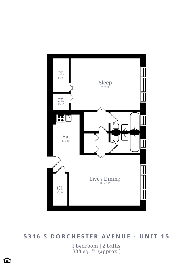 Floor plan for 1 bed, 1 bath, 818 sqft